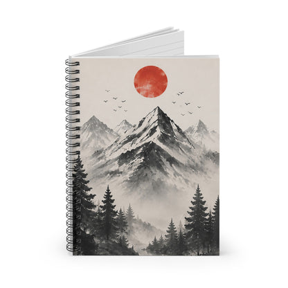 Mountain Sunrise Spiral Notebook — Ruled Journal with Red Sun Landscape