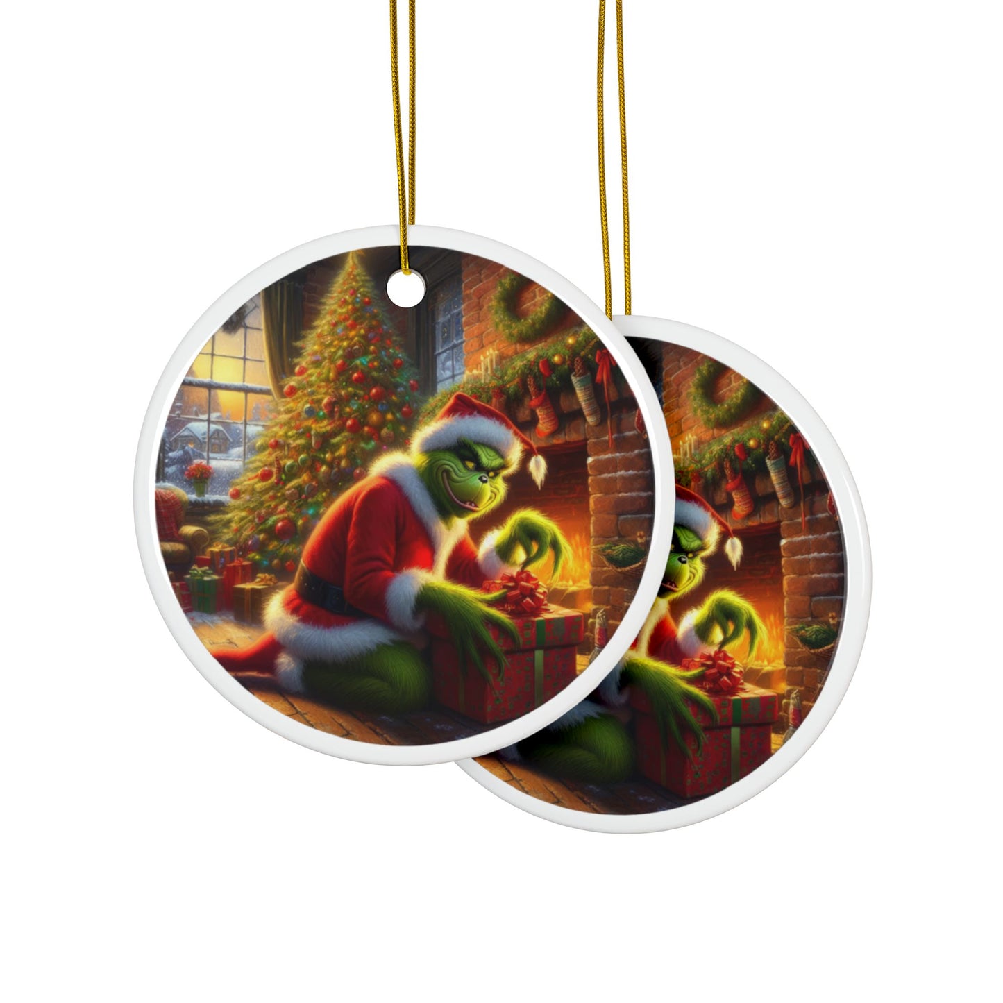 Sneaky Santa: The Grinch Strikes Again Christmas Ceramic Ornaments, 2-Side Print, (1pc, 3pcs, 5pcs, 10pcs)