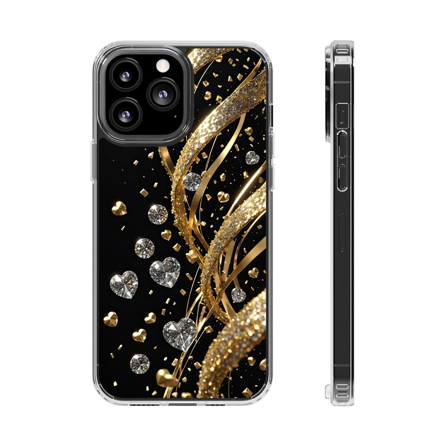 Gleaming Heart Clear Case, Elegant Gold Glitter, Sparkling Design