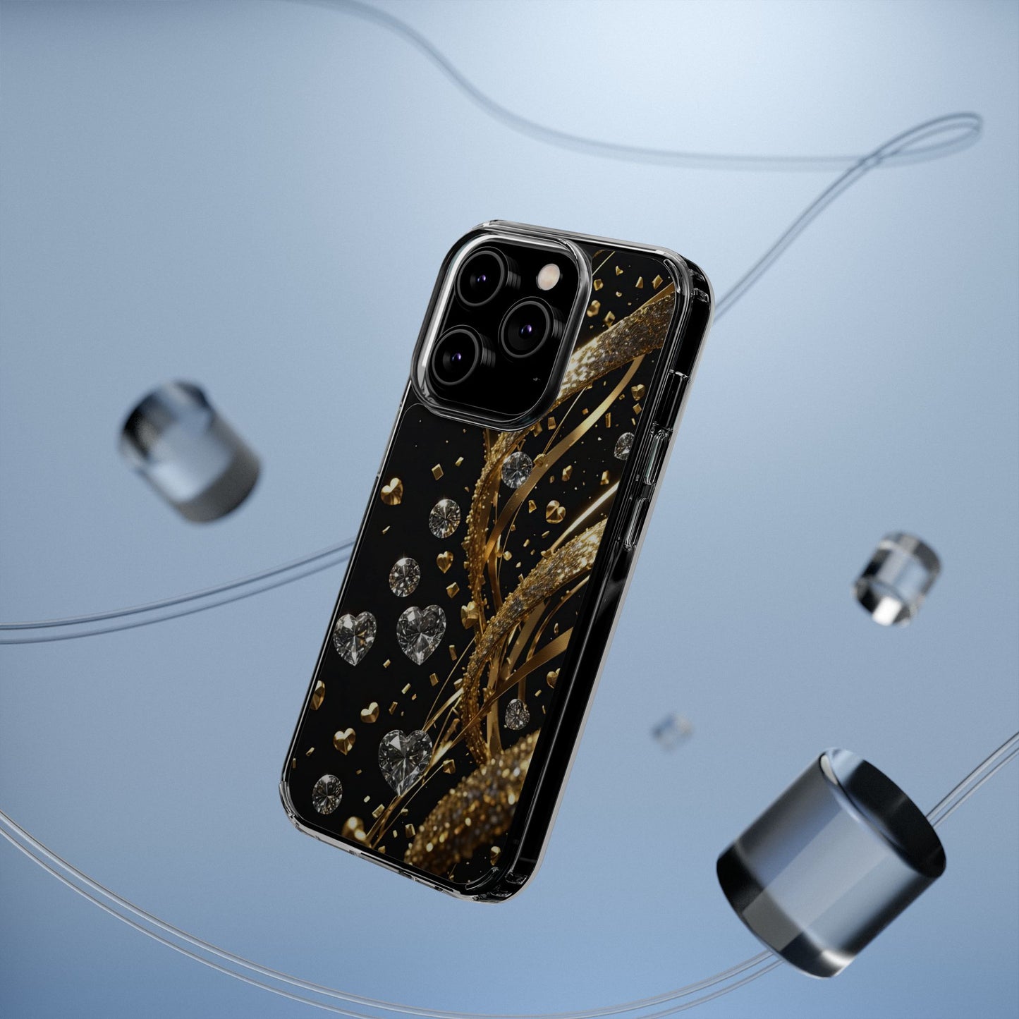 Gleaming Heart Clear Case, Elegant Gold Glitter, Sparkling Design