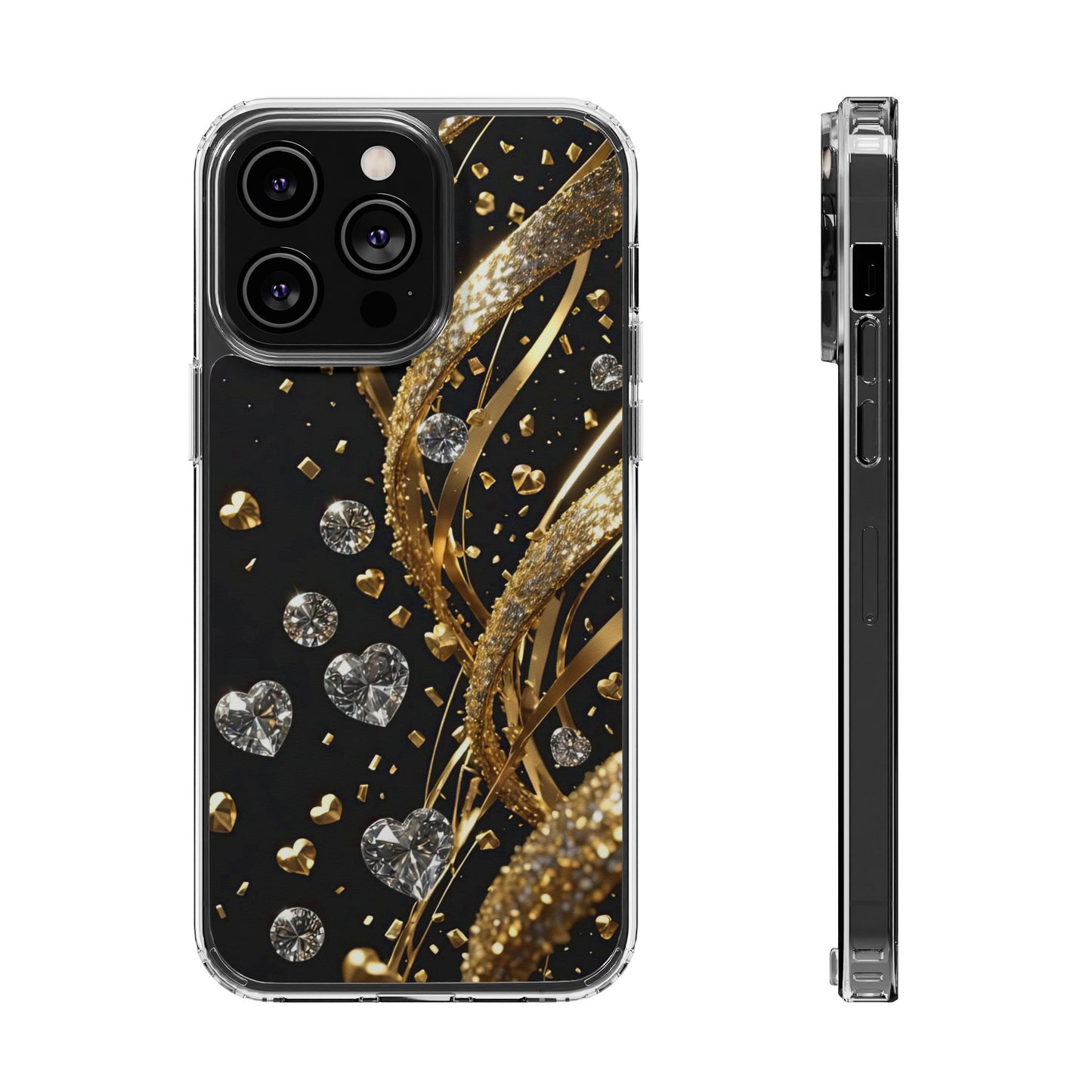 Gleaming Heart Clear Case, Elegant Gold Glitter, Sparkling Design