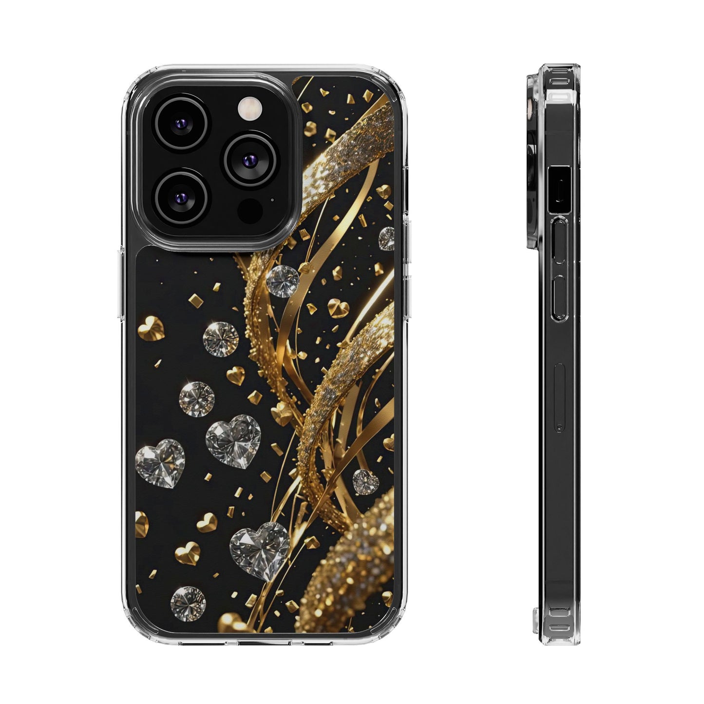 Gleaming Heart Clear Case, Elegant Gold Glitter, Sparkling Design