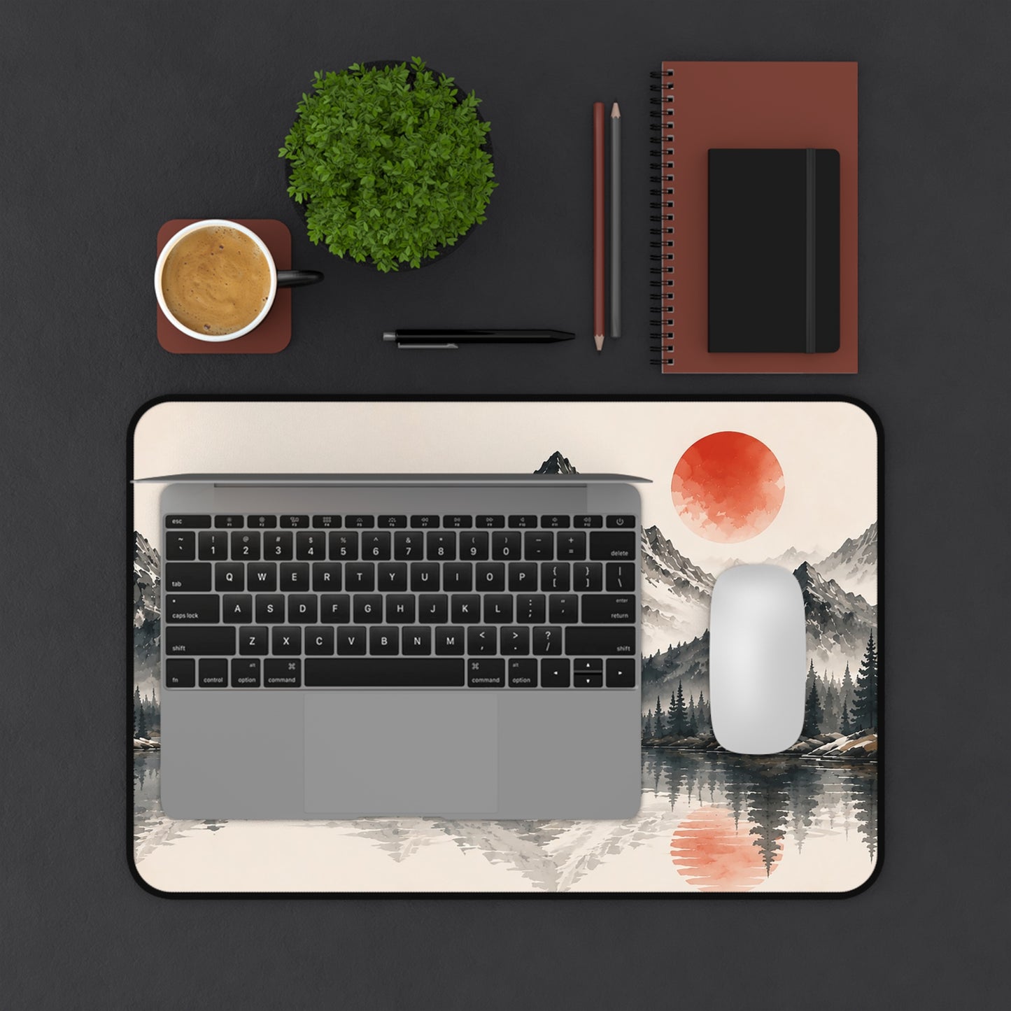 Mountain Lake Desk Mat – Minimal Asian Ink Landscape with Red Sun