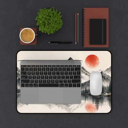 Mountain Lake Desk Mat – Minimal Asian Ink Landscape with Red Sun