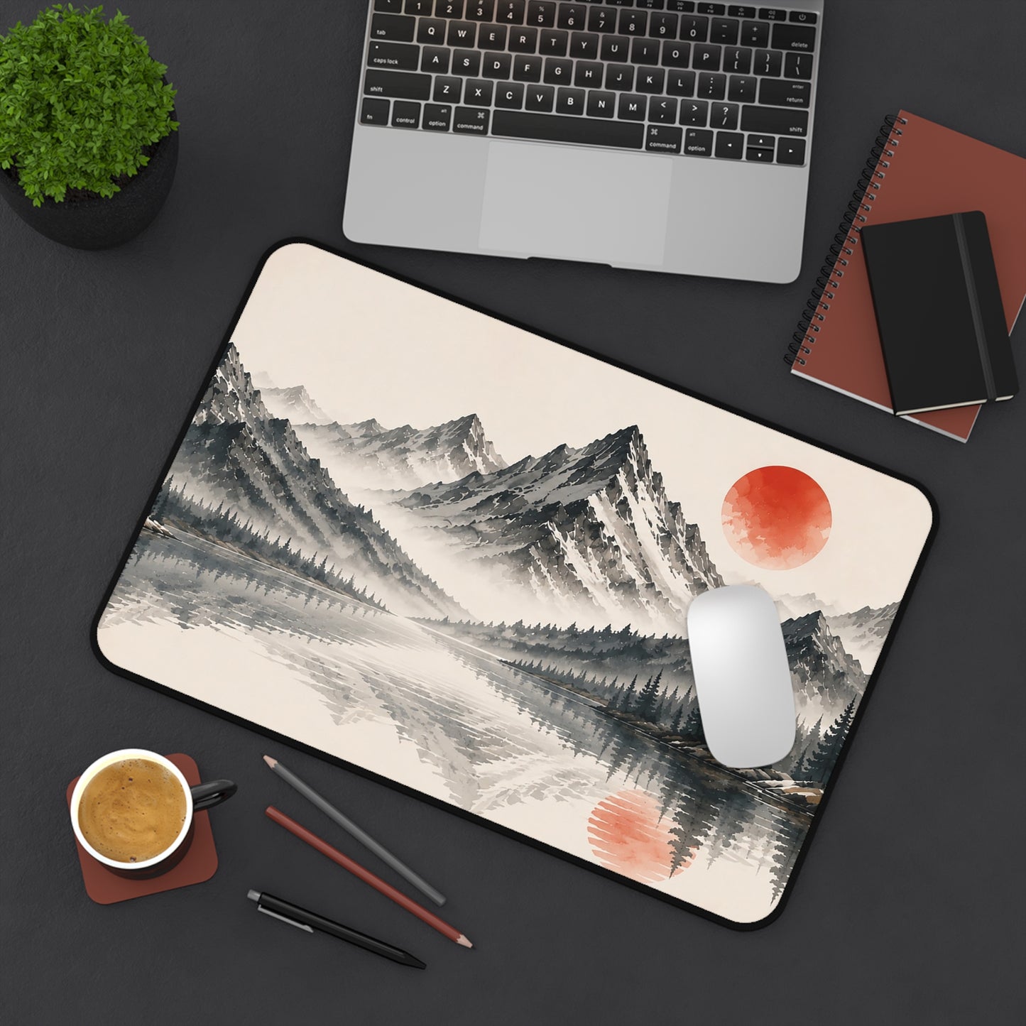 Mountain Lake Desk Mat – Minimal Asian Ink Landscape with Red Sun