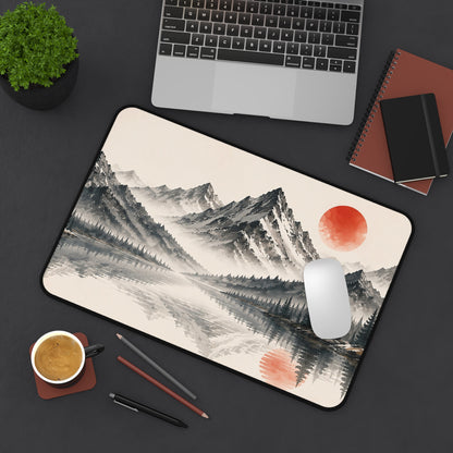 Mountain Lake Desk Mat – Minimal Asian Ink Landscape with Red Sun