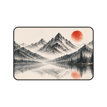 Mountain Lake Desk Mat – Minimal Asian Ink Landscape with Red Sun