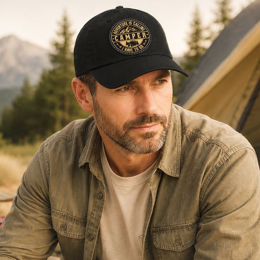 Adventure Camper Dad Hat - Leather Patch Cap for Outdoor Lovers