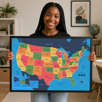 USA Map Poster - States and Capitals Educational Wall Art