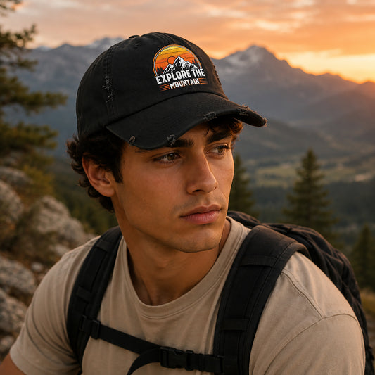 Unisex Distressed Cap - Explore the Mountain Adventure Hat