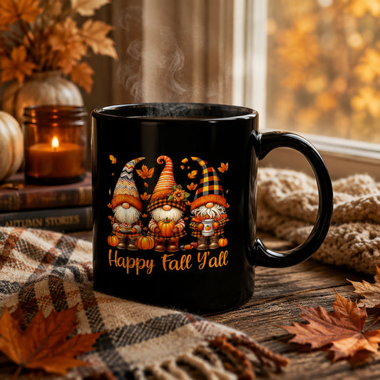 Happy Fall Y'all Gnome Mug, Black Coffee Cup for Autumn