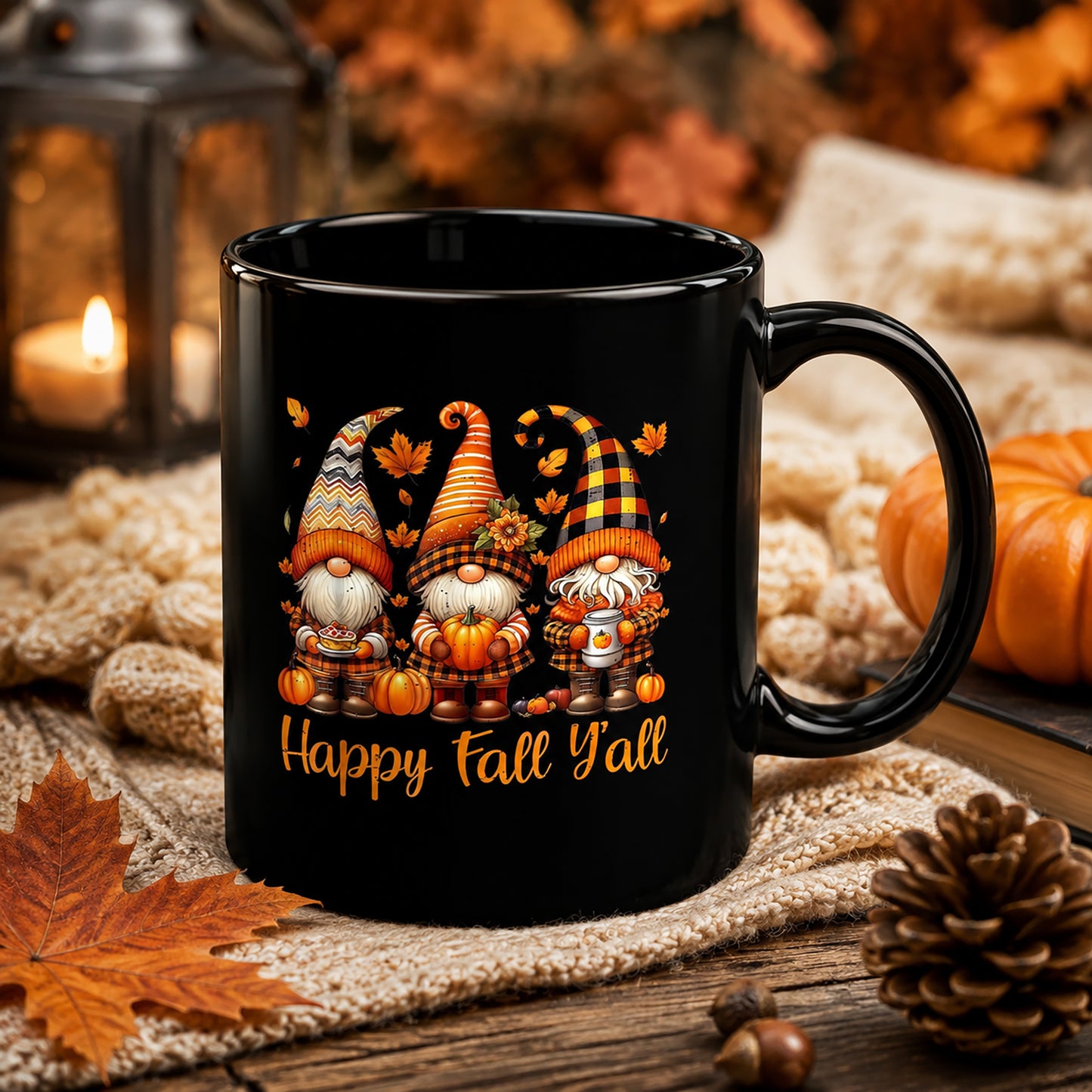 Happy Fall Y'all Gnome Mug, Black Coffee Cup for Autumn