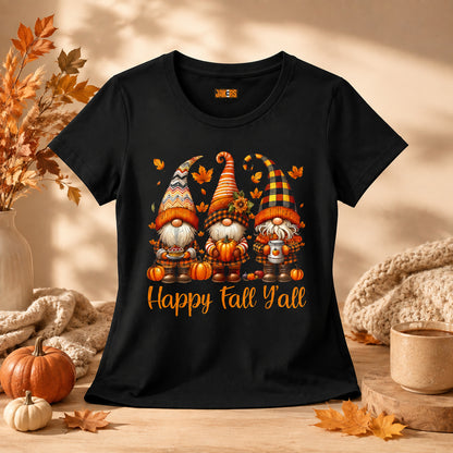 Women's Tee - 'Happy Fall Y'all' Autumn Gnome Pumpkin Shirt