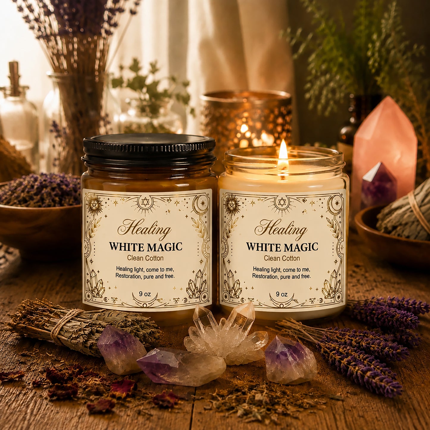 White Magic Healing Scented Soy Candle - Amber Jar
