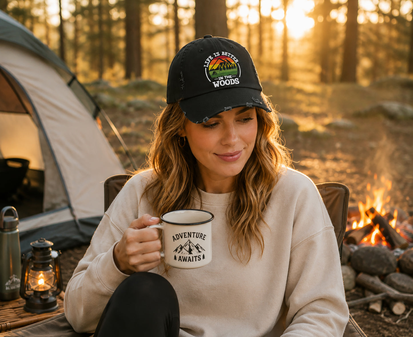Unisex Distressed Cap - Life is Better in the Woods Outdoor Lifestyle Hat