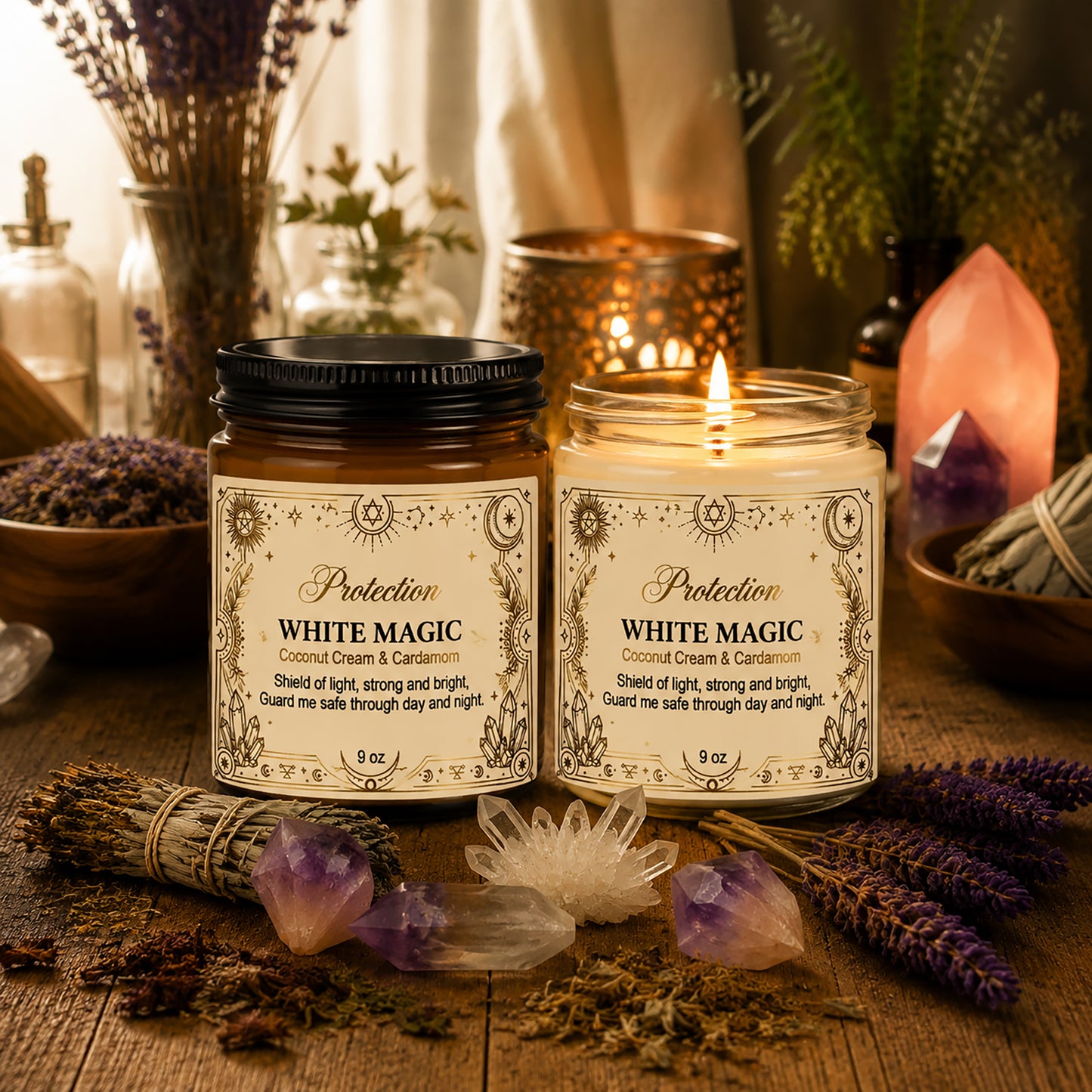 White Magic Protection Scented Soy Candle - Amber Jar